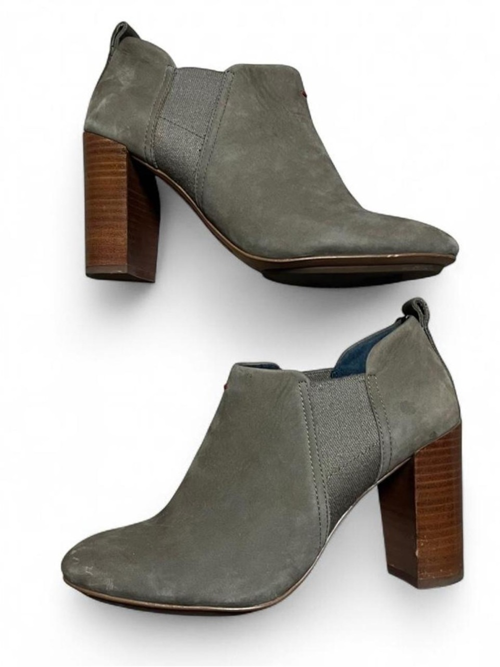 ED Gray Leather Suede Block Heel Ankle Booties
